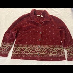 Vintage 90s LL Bean Womens XL Red Burgundy Floral Teddy Fleece Button Up Cottage